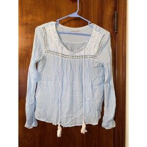 Goodnight Macaroon Blouse Light Blue White Trim Crepe Long Sleeve Boho Tassel